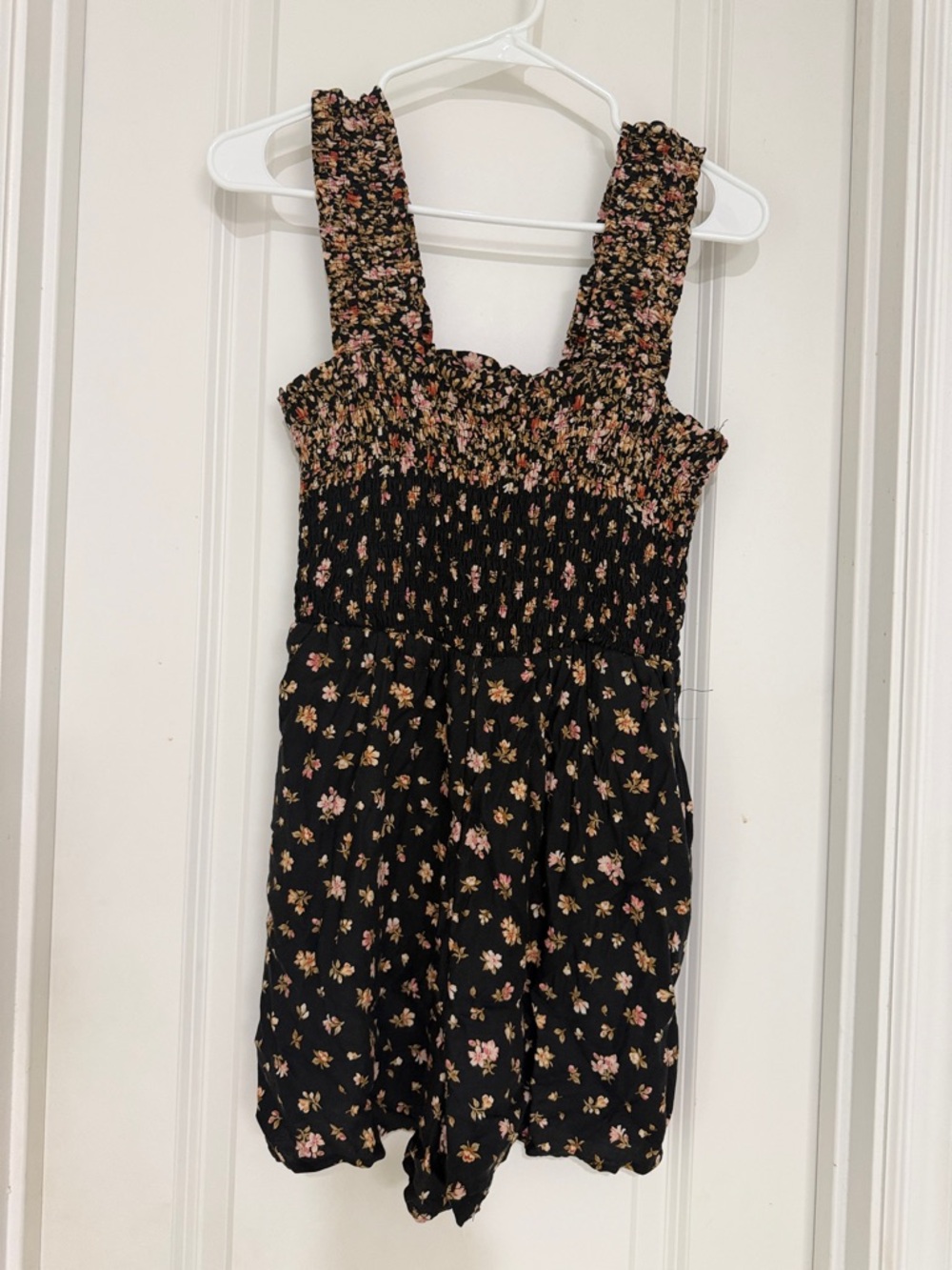 American Eagle-Black Floral Smocked Romper with Pink & Cream Flowers